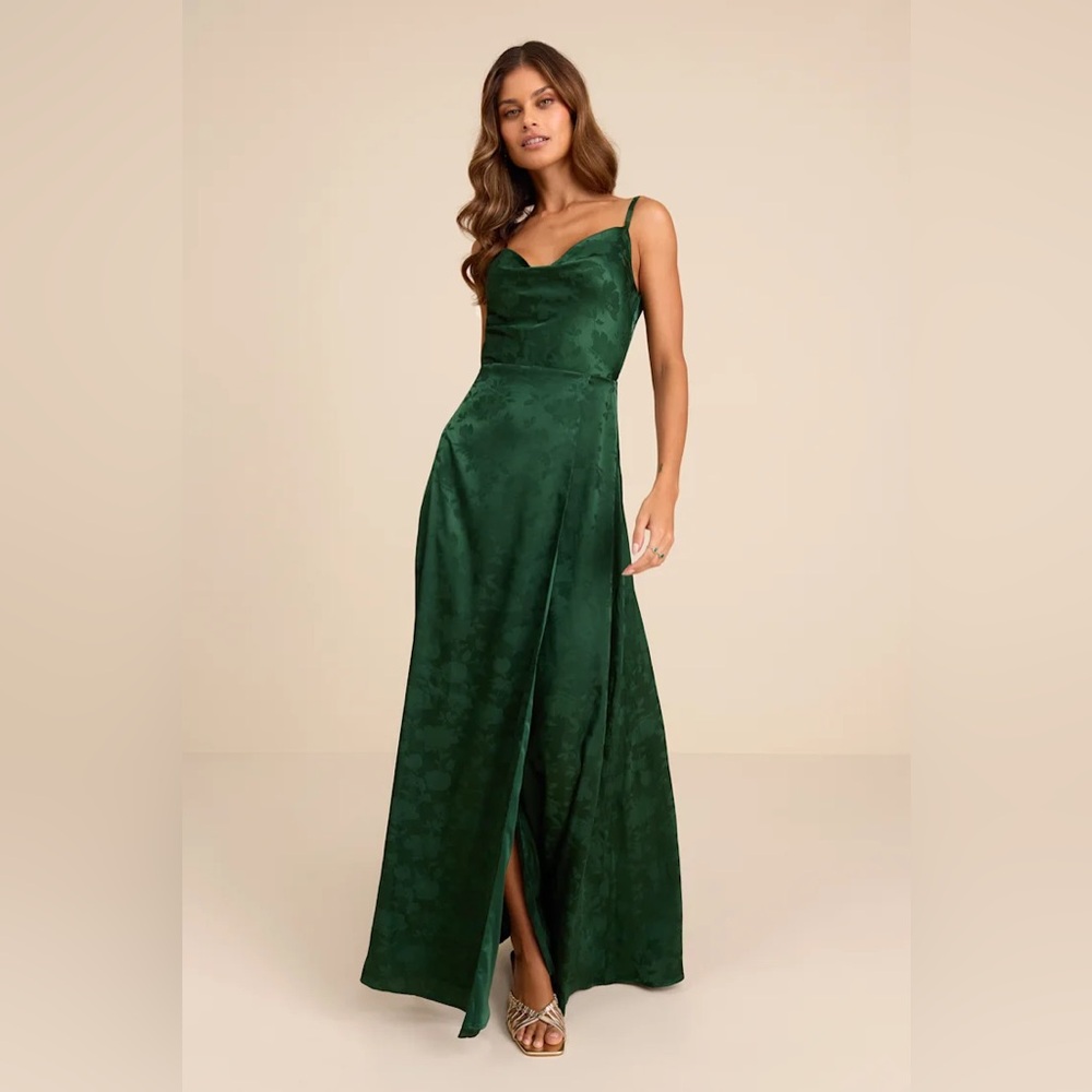 Lulus Simply Dreamy Emerald Green Satin Floral Jacquard Maxi Dress Size XS